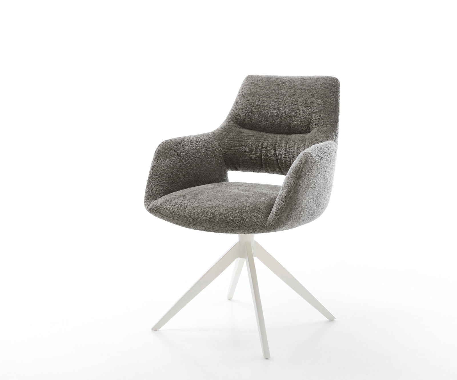 Jídelní židle Yago-Flex s područkami bouclé měkký tmavě béžová křížová podnož široká bílá otočná 360° houpací funkce taštičkové pružiny