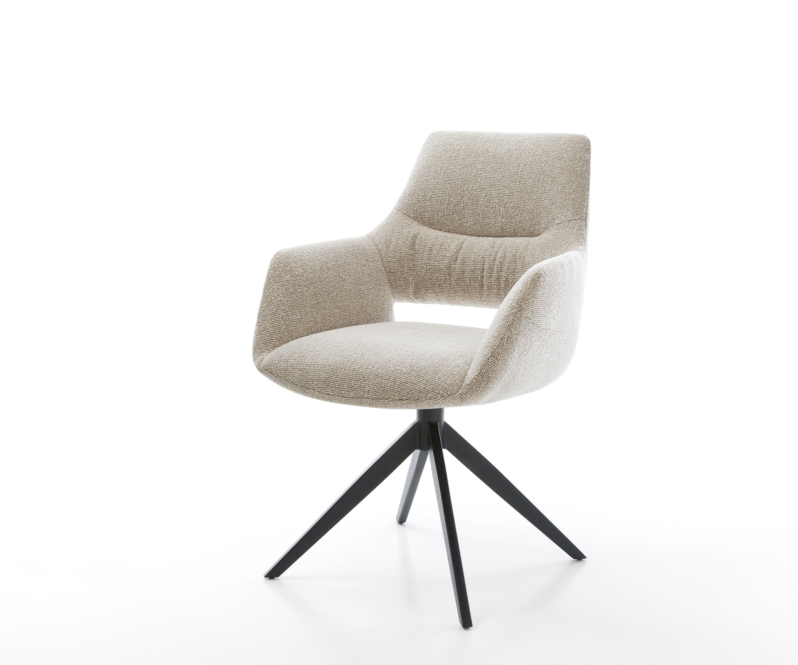 Jídelní židle Yago-Flex s područkami látka Měkký béžová křížová podnož široká černá 360° otočný houpací funkce taštičkové pružiny