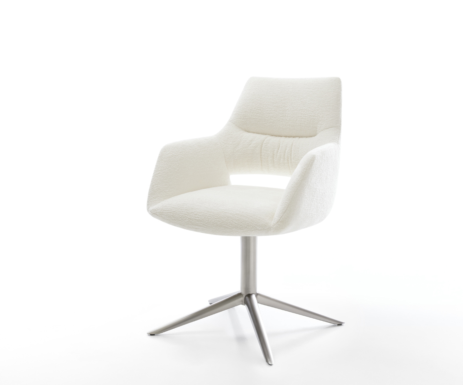 Jídelní židle Yago-Flex s područkami bouclé měkký béžová křížová podnož nerezová ocel 360° otočný houpací funkce taštičkové pružiny