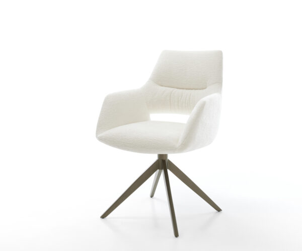 Jídelní židle Yago-Flex s područkami bouclé měkká béžová široká křížová podnož titanová barva 360° otočný houpací funkce taštičkové pružiny