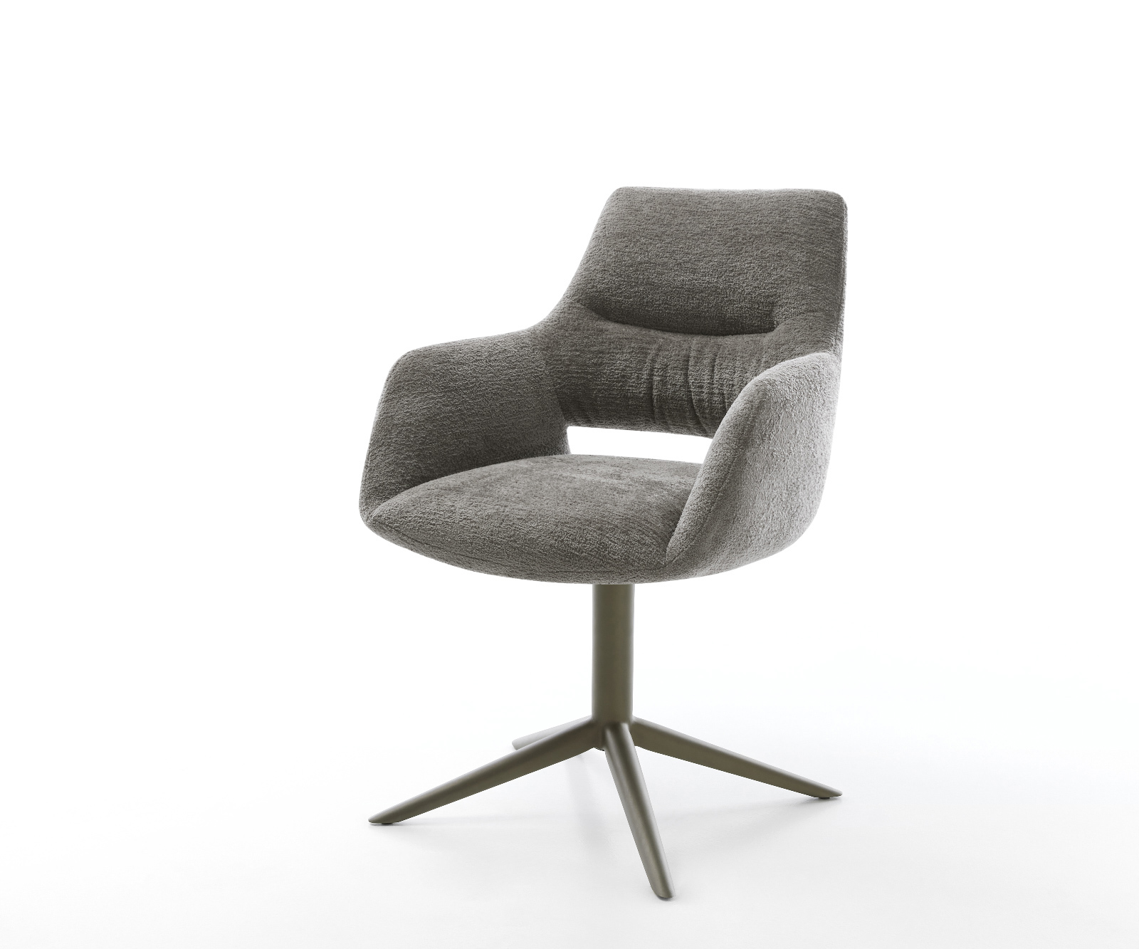 Jídelní židle Yago-Flex s područkami bouclé měkký tmavě béžová křížová podnož titanová barva 360° otočný houpací funkce taštičkové pružiny