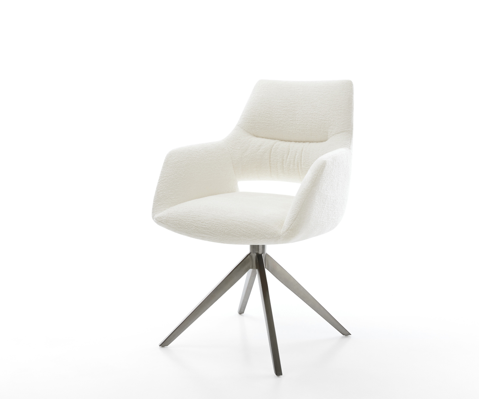 Jídelní židle Yago-Flex s područkami bouclé měkký béžová křížová podnož široká grafit 360° otočný houpací funkce taštičkové pružiny