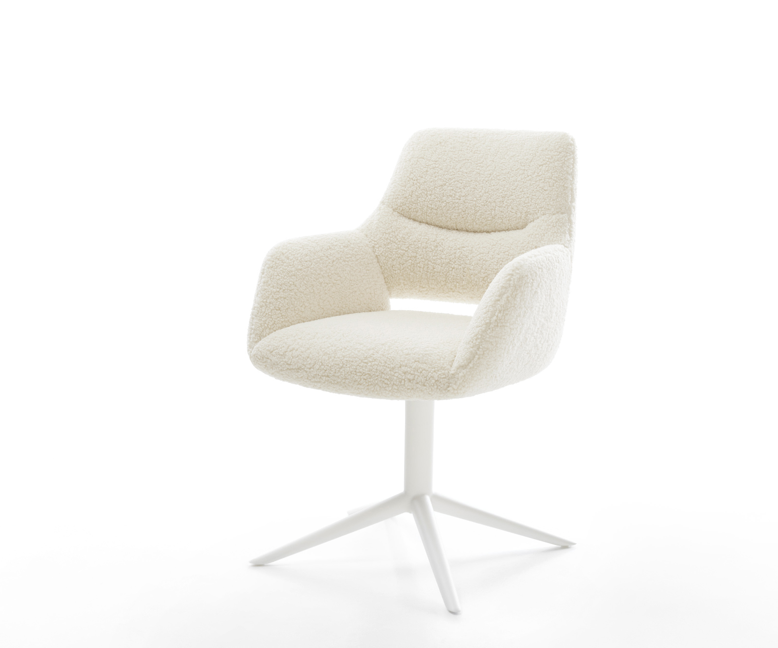 Jídelní židle Yago-Flex s područkami plyšový manšestr béžová křížová podnož bílá 360° otočný houpací funkce taštičkové pružiny