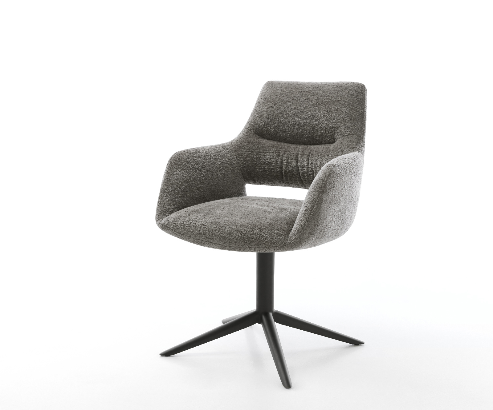 Jídelní židle Yago-Flex s područkami bouclé měkký tmavě béžová křížová podnož černá 360° otočný houpací funkce taštičkové pružiny