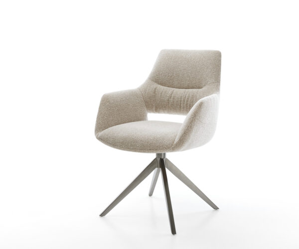 Jídelní židle Yago-Flex s područkami látka Měkký béžová křížová podnož široká grafit 360° otočný houpací funkce taštičkové pružiny