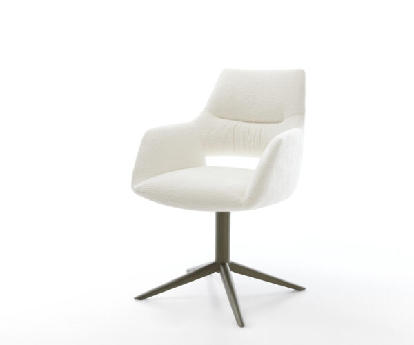 Jídelní židle Yago-Flex s područkami bouclé měkký béžová křížová podnož titanová barva 360° otočný houpací funkce taštičkové pružiny