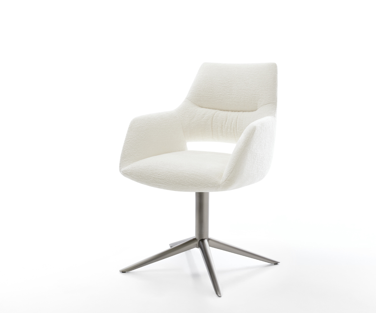 Jídelní židle Yago-Flex s područkami bouclé měkký béžová křížová podnož grafit 360° otočný houpací funkce taštičkové pružiny