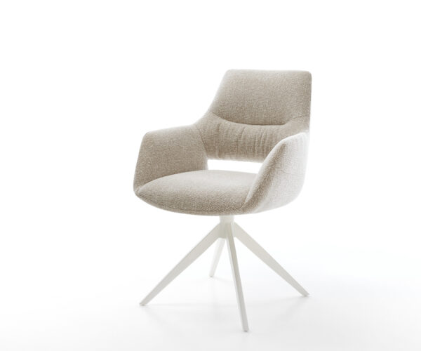 Jídelní židle Yago-Flex s područkami látka Měkký béžová křížová podnož široká bílá 360° otočný houpací funkce taštičkové pružiny