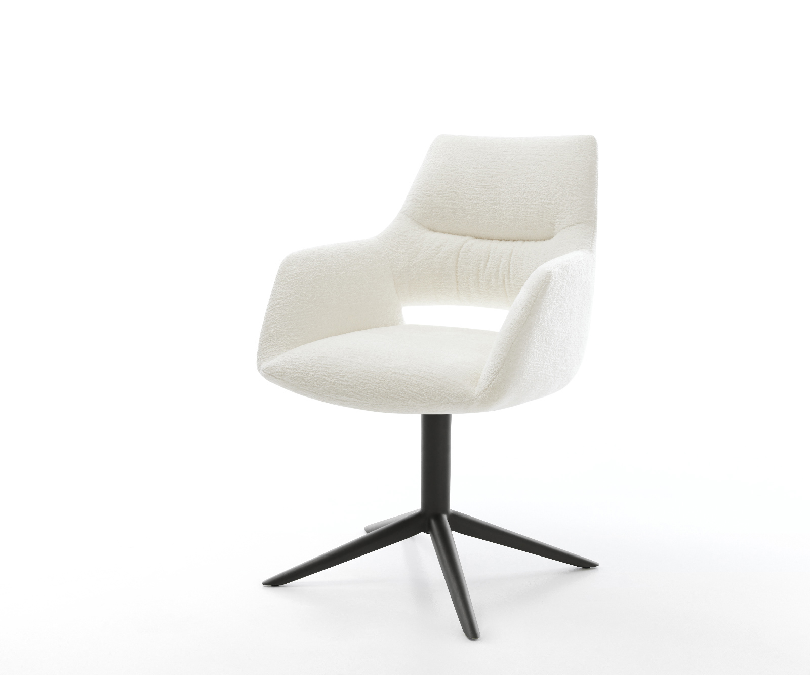 Jídelní židle Yago-Flex s područkami bouclé měkký béžová křížová podnož černá 360° otočný houpací funkce taštičkové pružiny