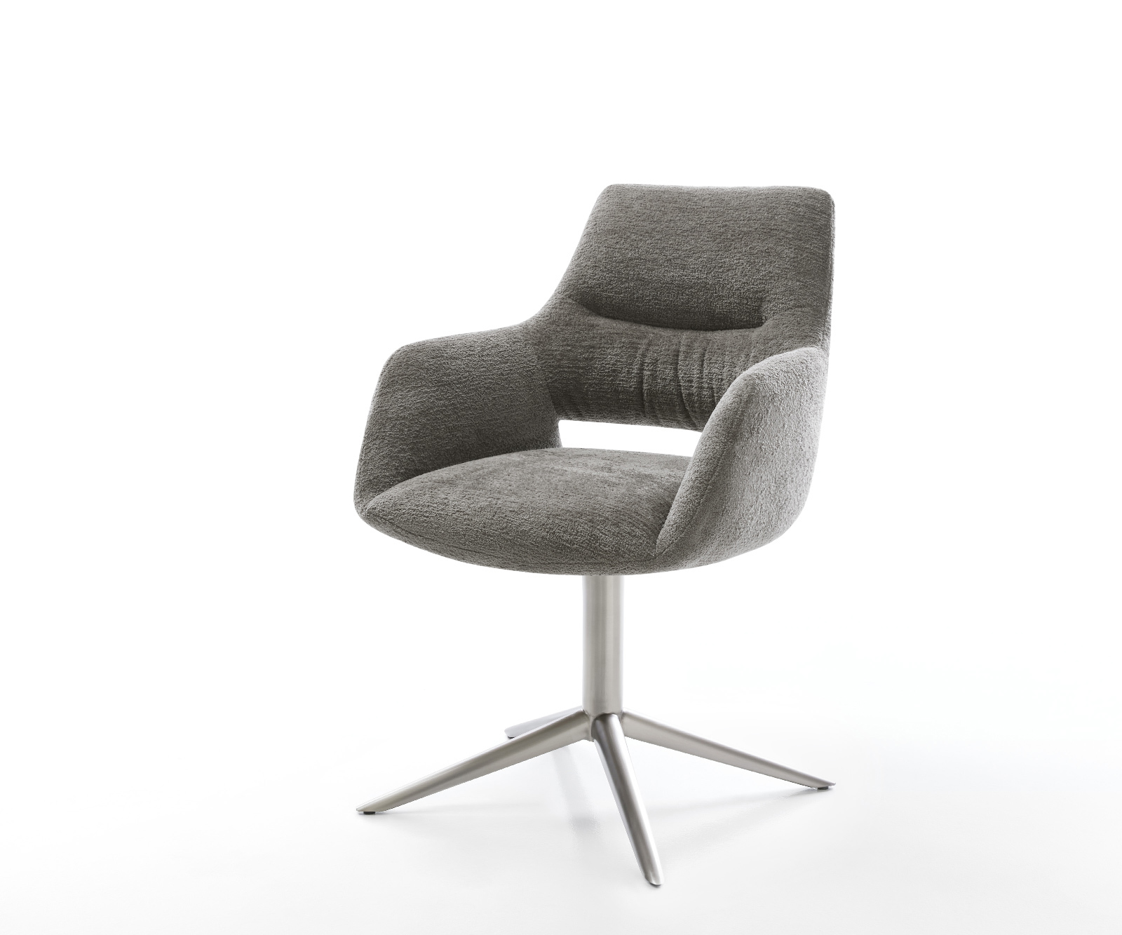 Jídelní židle Yago-Flex s područkami bouclé měkký tmavě béžová křížová podnož nerezová ocel 360° otočný houpací funkce taštičkové pružiny