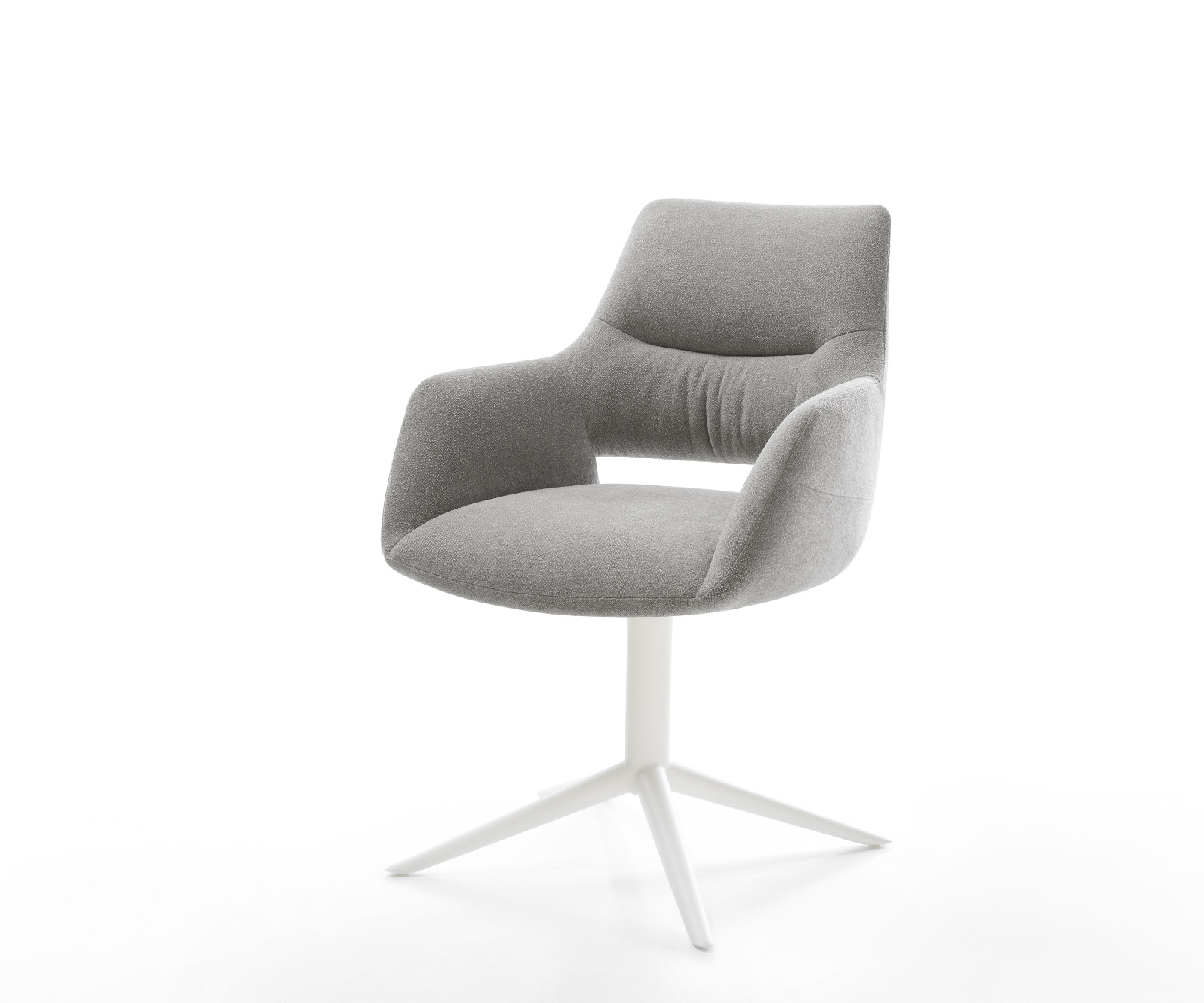 Jídelní židle Yago-Flex s područkami strukturovaná látka Měkký šedá podnož křížová bílá 360° otočný houpací funkce taštičkové pružiny