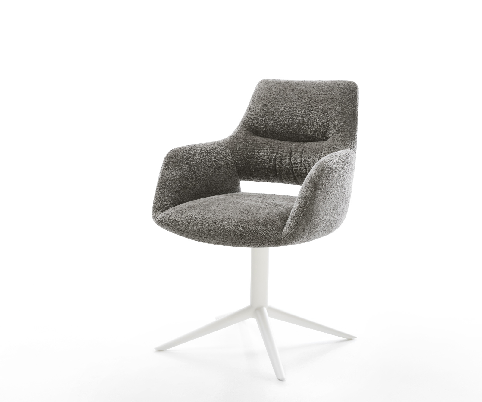 Jídelní židle Yago-Flex s područkami bouclé měkký tmavě béžová křížová podnož bílá 360° otočný houpací funkce taštičkové pružiny