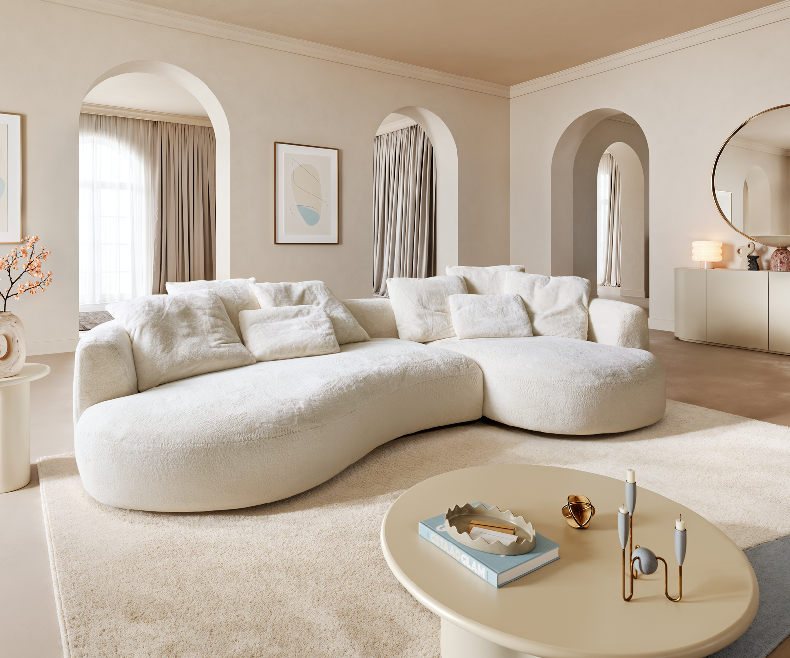 Pohovka Edina 330x170 cm plyšový manšestr krémová bílá