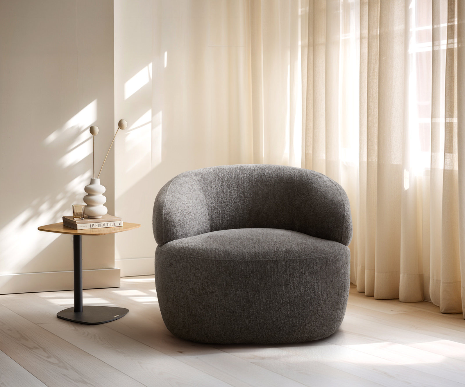 Křeslo Nova 88×88 cm bouclé měkký tmavě béžová - Obrázek 2