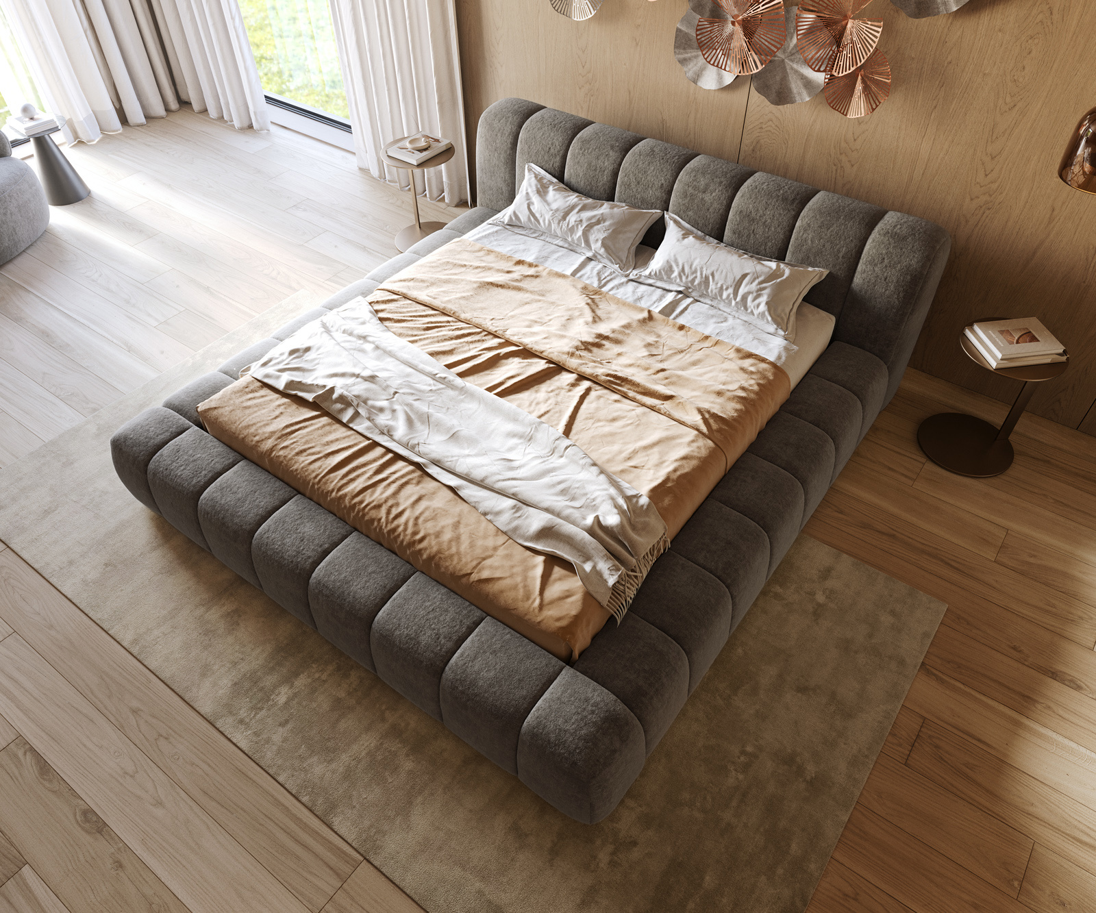 Čalouněná postel Cutio 180x200 cm bouclé měkký tmavě béžová - Obrázek 2