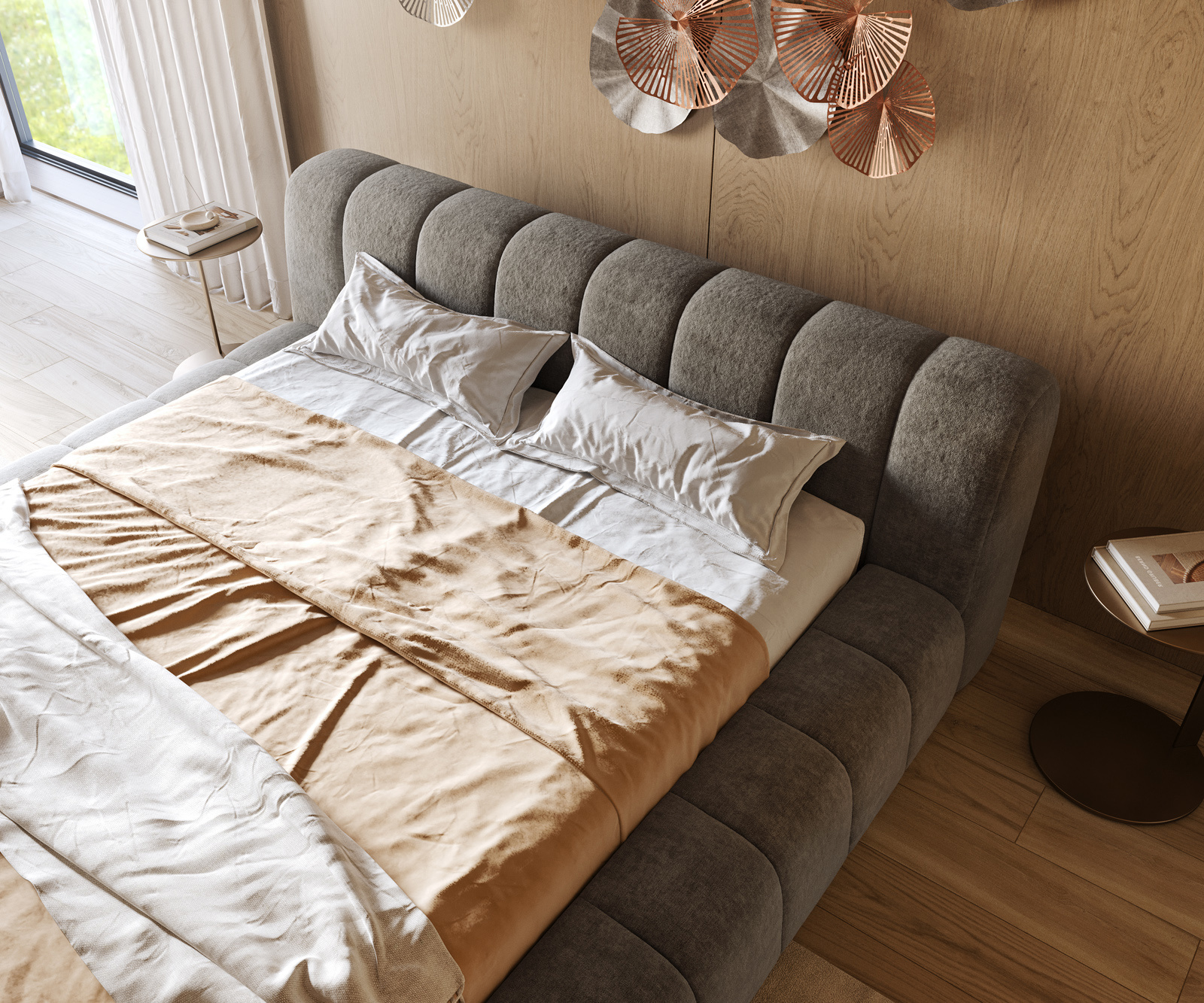 Čalouněná postel Cutio 180x200 cm bouclé měkký tmavě béžová - Obrázek 5