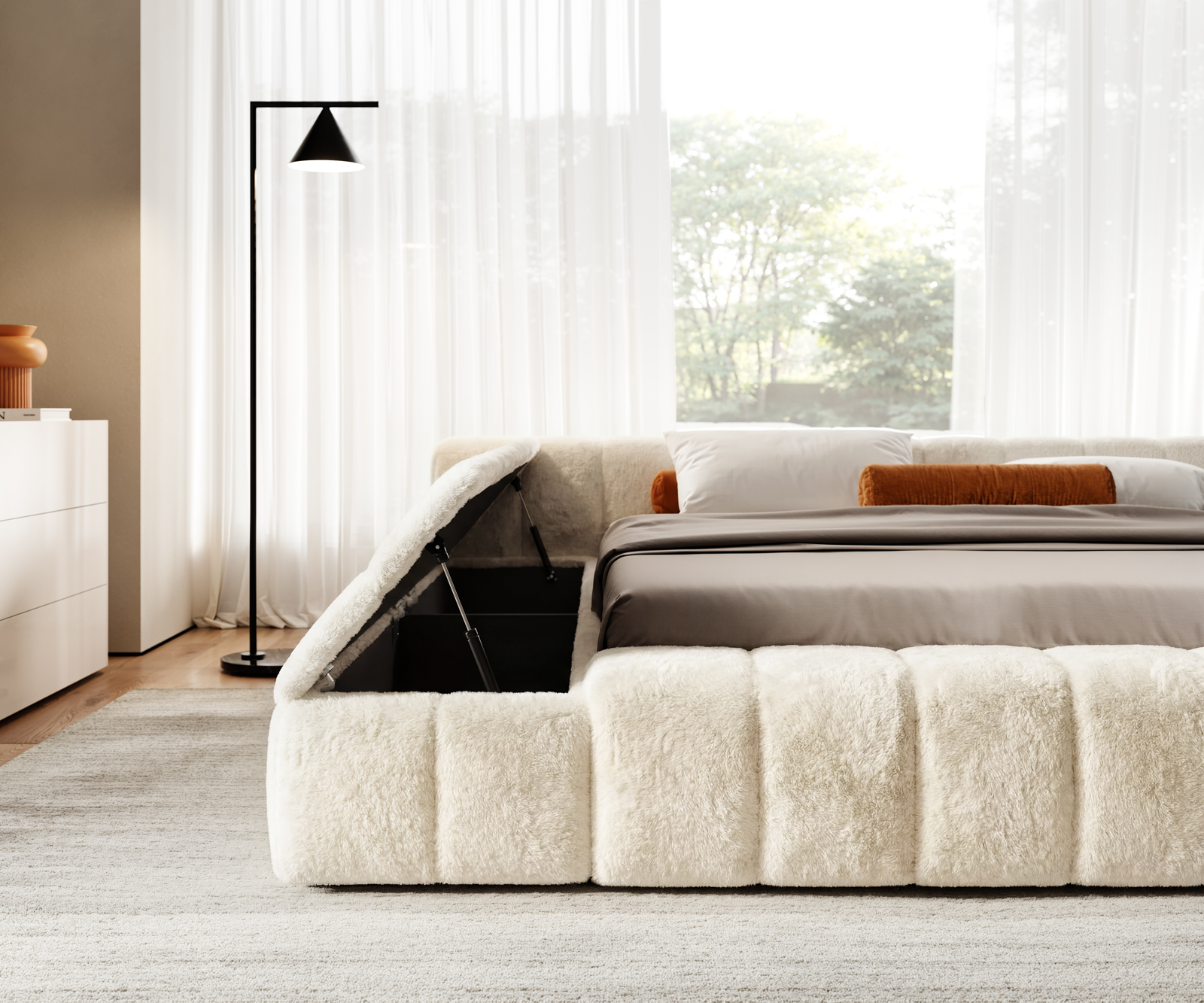 Čalouněná postel Espazio 180x200 cm plyšový manšestr krémová bílá - Obrázek 5