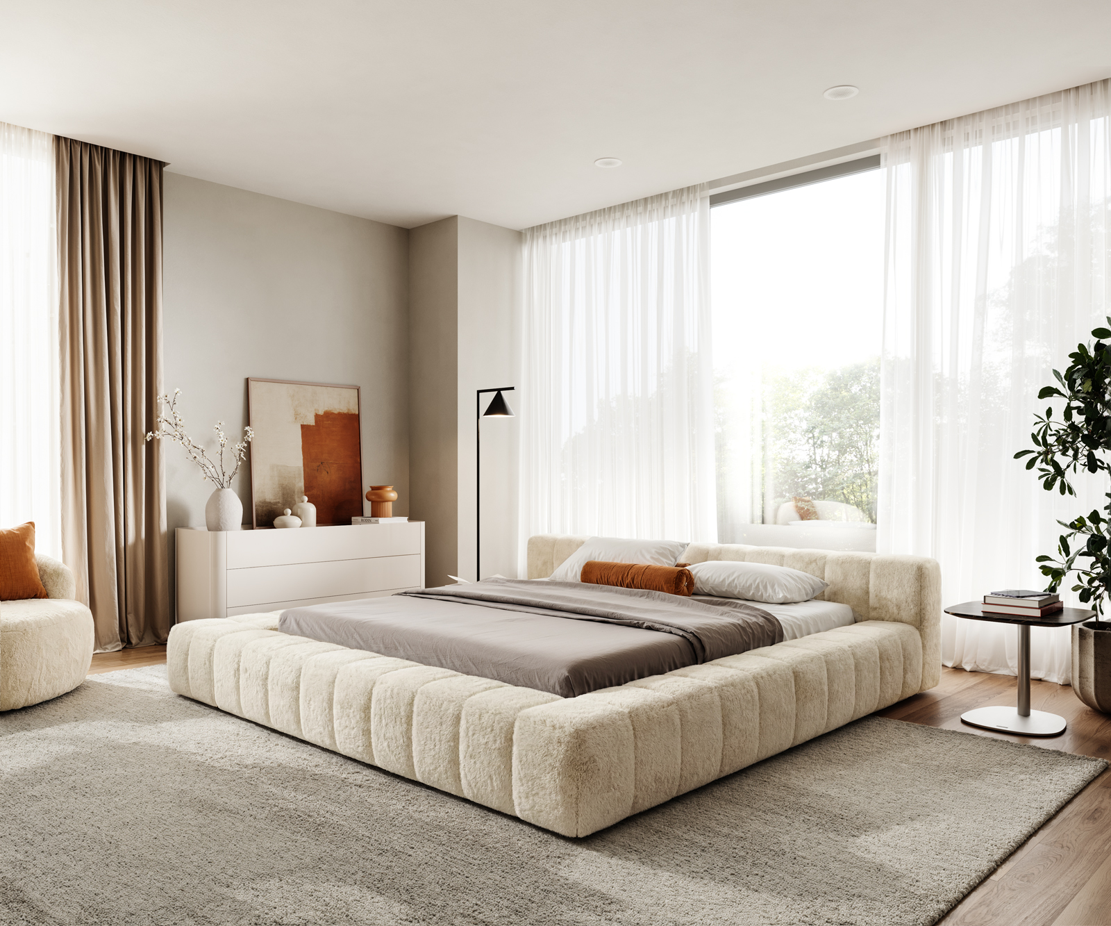 Čalouněná postel Espazio 180x200 cm plyšový manšestr krémová bílá