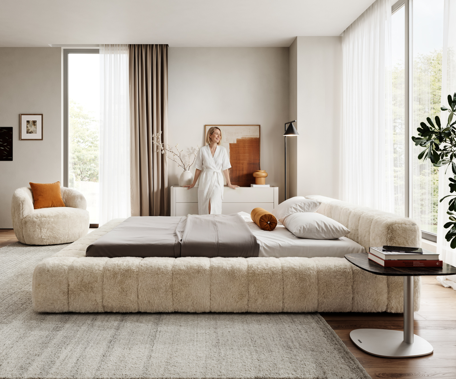 Čalouněná postel Espazio 180x200 cm plyšový manšestr krémová bílá - Obrázek 4