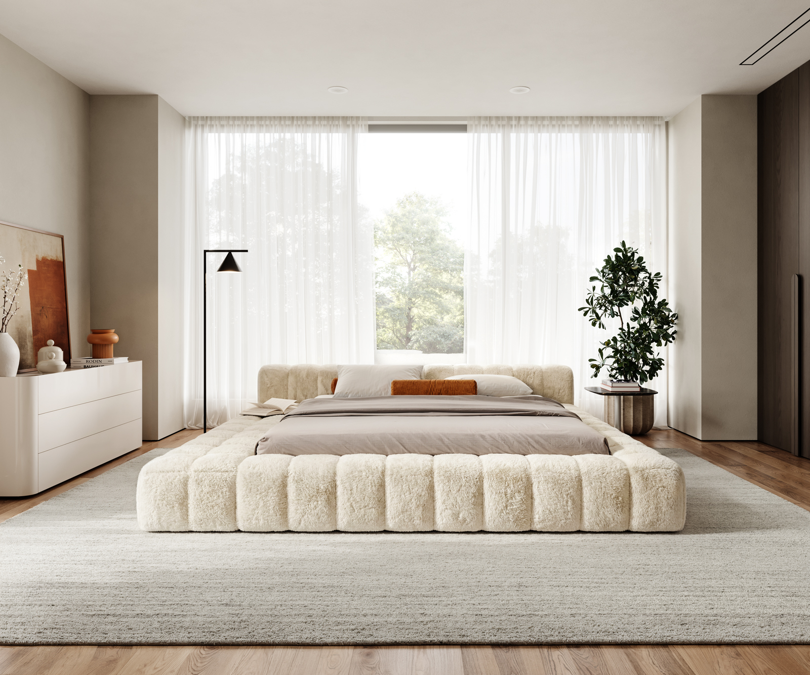 Čalouněná postel Espazio 180x200 cm plyšový manšestr krémová bílá - Obrázek 6