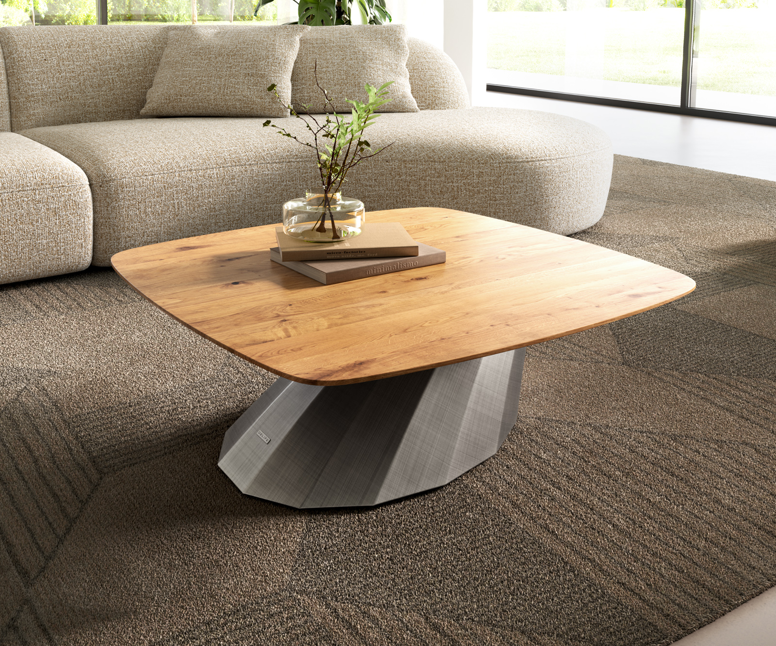 Konferenční stolek Edge Boot 90x90 cm dub přírodní švýcarská hrana Parabi Metallic stříbrná