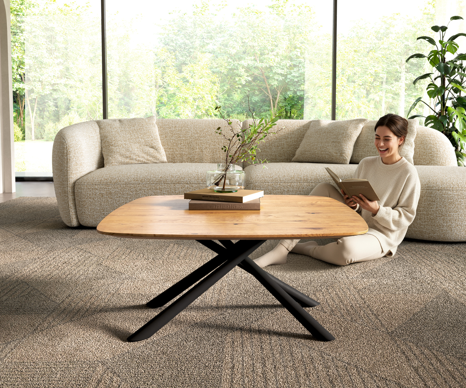 Konferenční stolek Edge Boot 90x90 cm dub přírodní švýcarská hrana Sarity kov černá - Obrázek 2