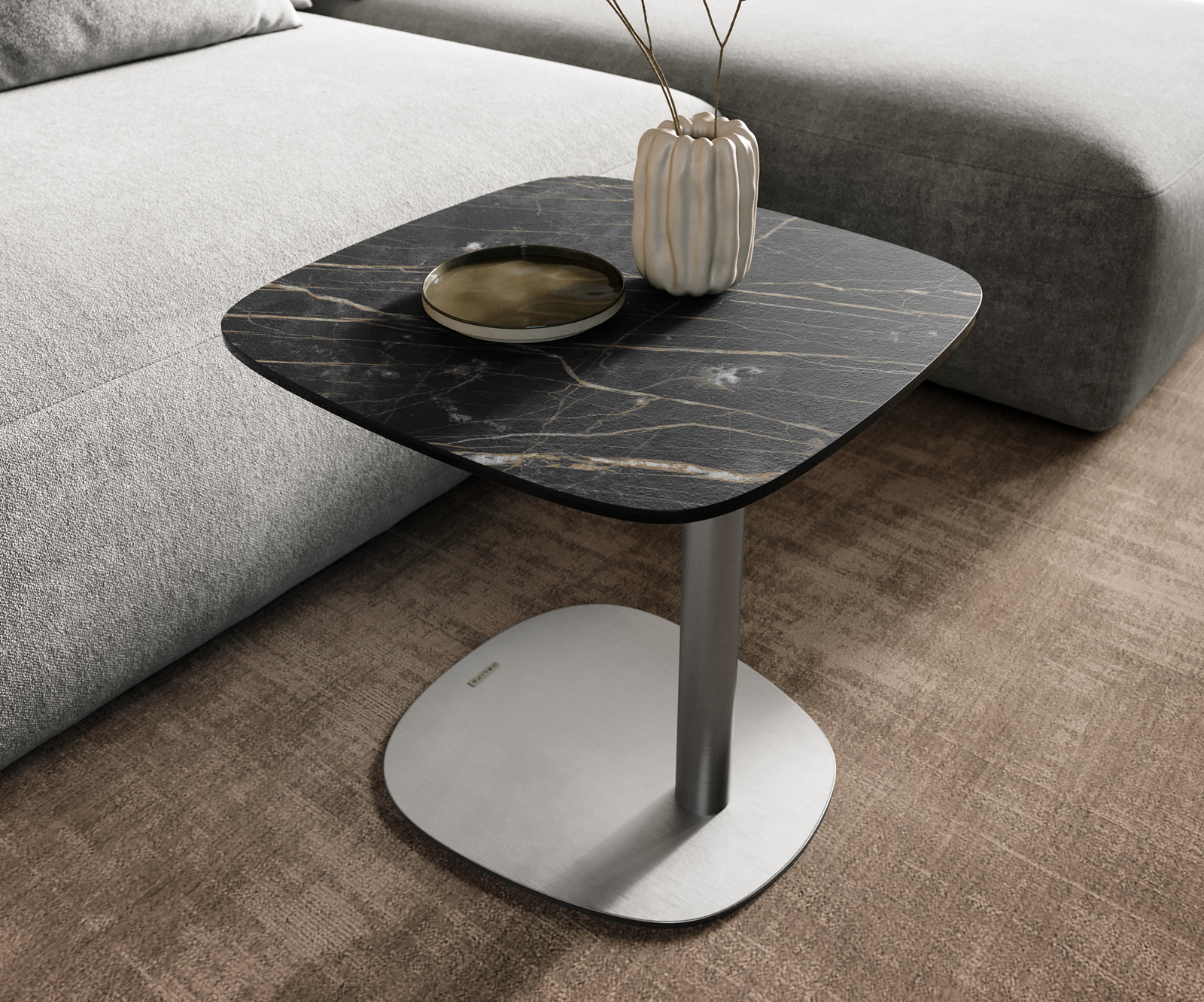 Konferenční stolek Edge oválný tvar 50x50 cm keramika Laminam® Noir Desir hnědá Eleny nerezová ocel broušená - Obrázek 6