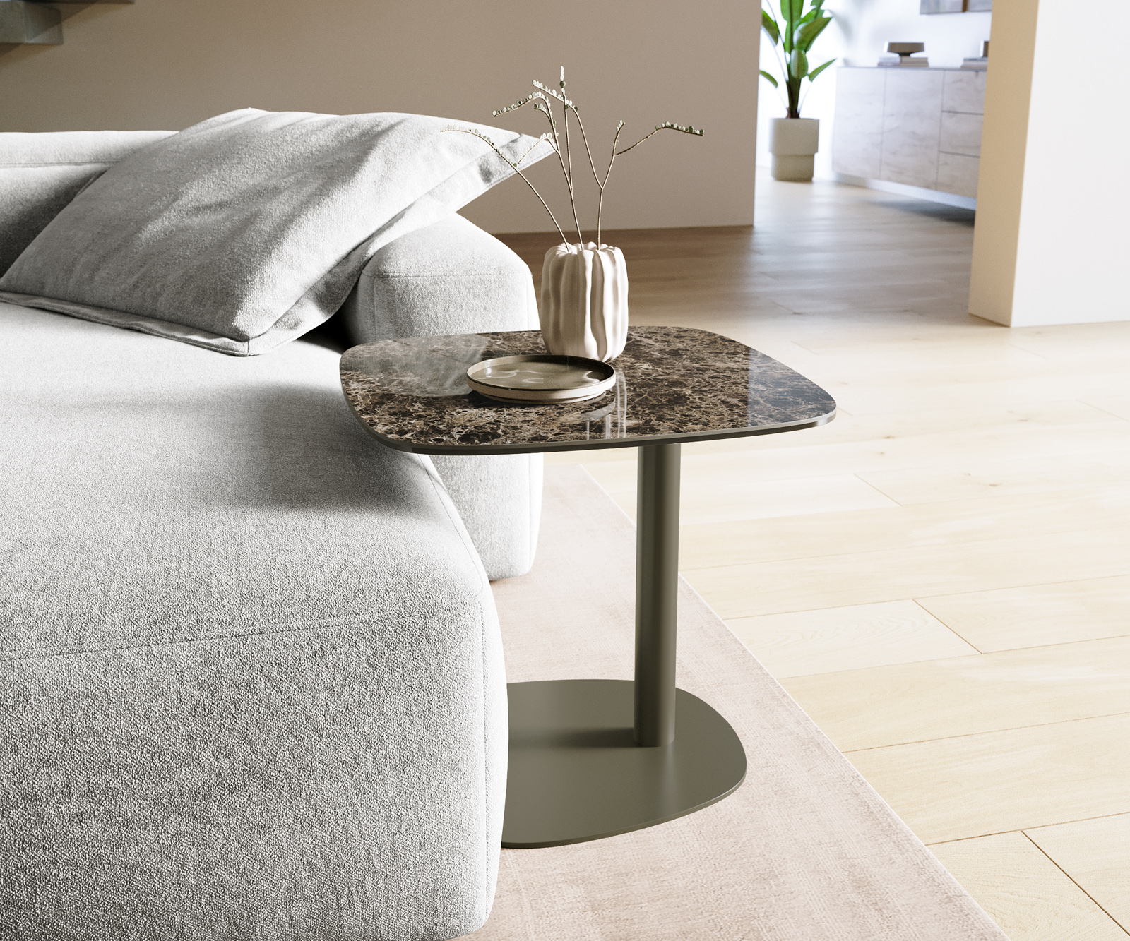 Konferenční stolek Edge Boot 50x50 cm keramika Laminam® Emperador Extra Lucidato tmavě hnědá Eleny kov titanová barva - Obrázek 2