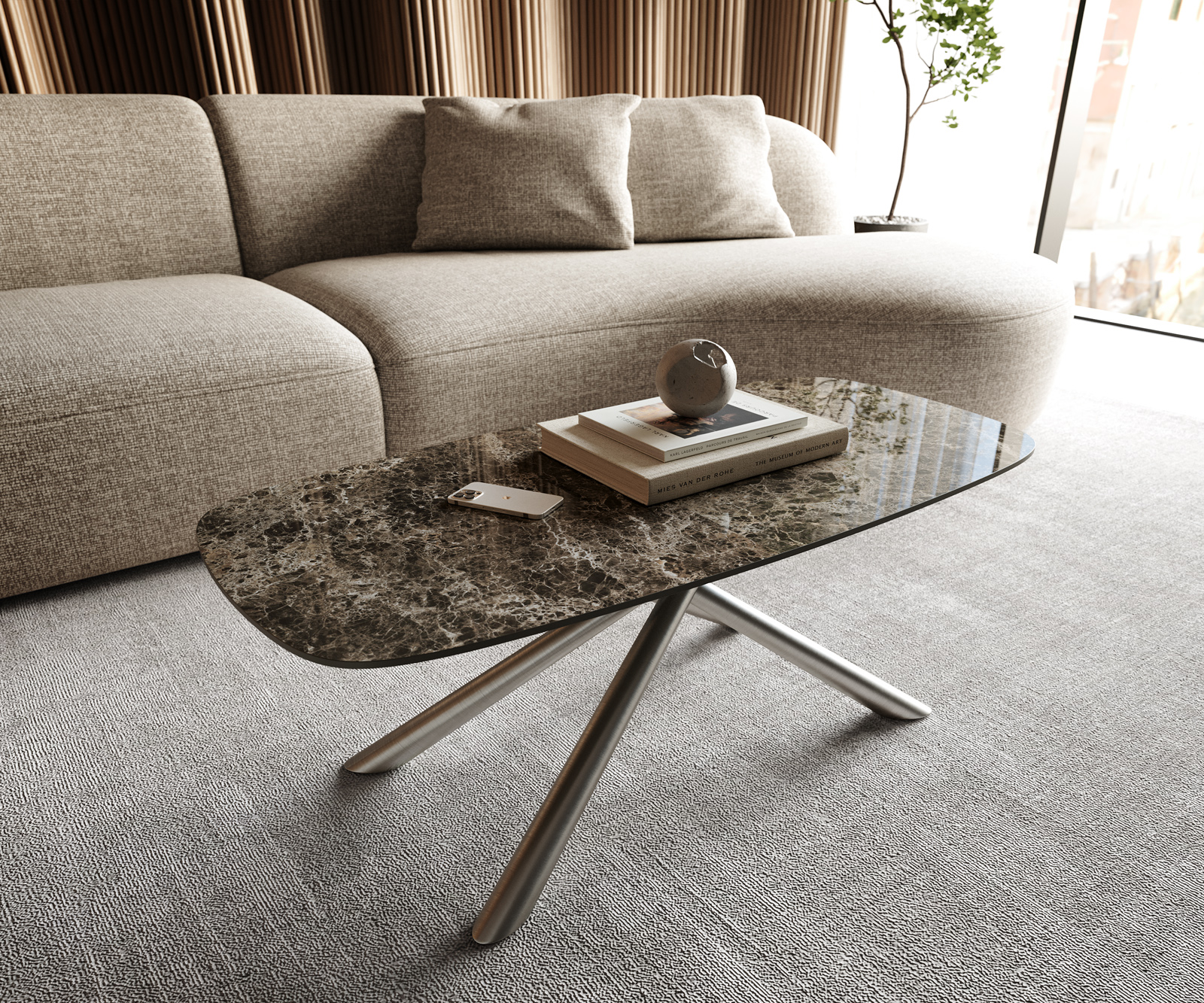 Konferenční stolek Edge Boot 100x50 cm keramika Laminam® Emperador Extra Lucidato tmavě hnědá Sarity nerezová ocel broušená