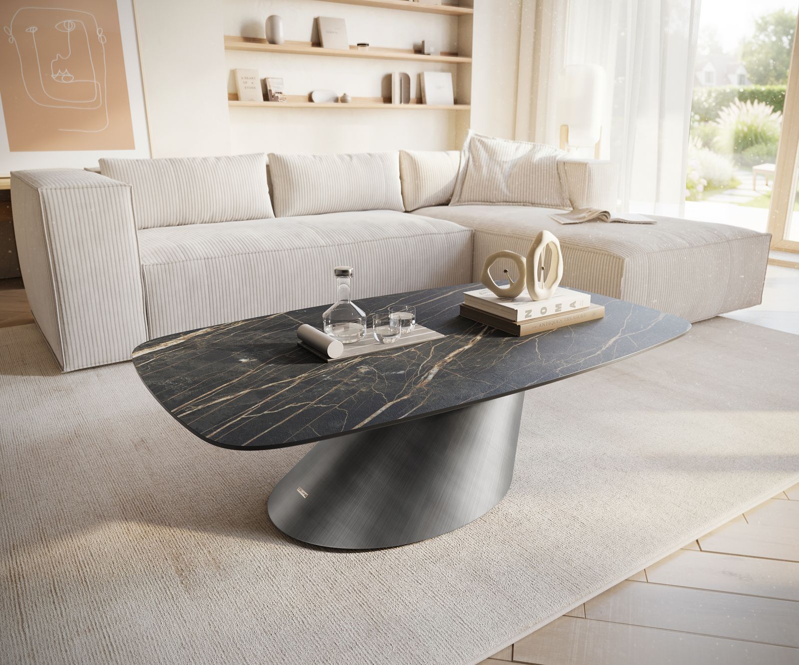 Konferenční stolek Edge Boot 120x70 cm keramika Laminam® Noir Desir hnědá Conis Metallic stříbrná