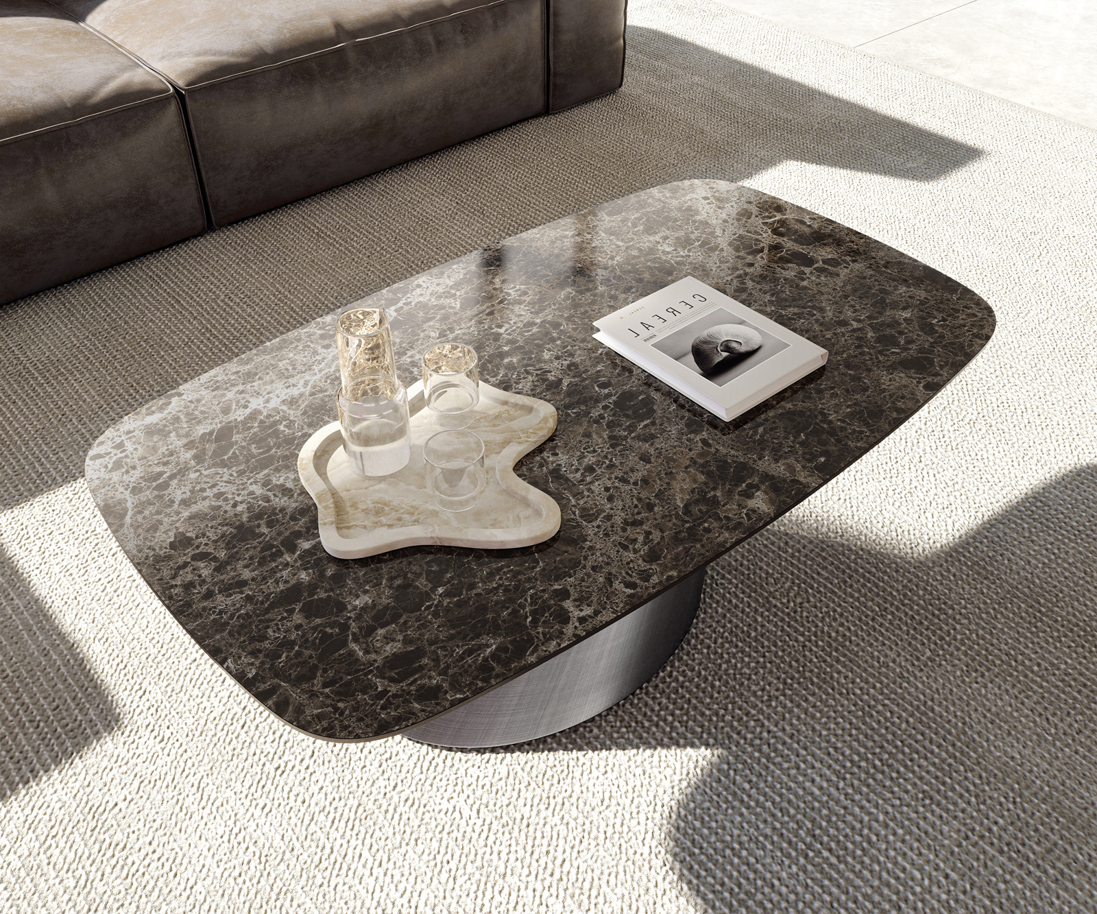 Konferenční stolek Edge oválný tvar 120x70 cm keramika Laminam® Emperador Extra Lucidato tmavě hnědá Conis Metallic stříbrná - Obrázek 4