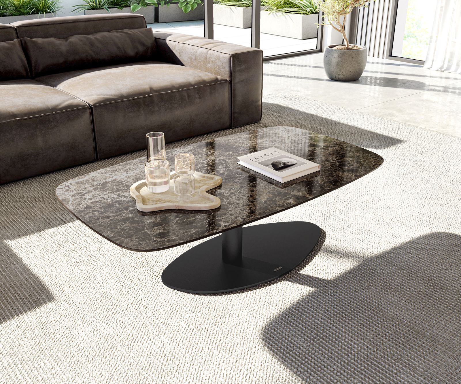 Konferenční stolek Edge oválný tvar 120x70 cm keramika Laminam® Emperador Extra Lucidato tmavě hnědá Vibany kov černá