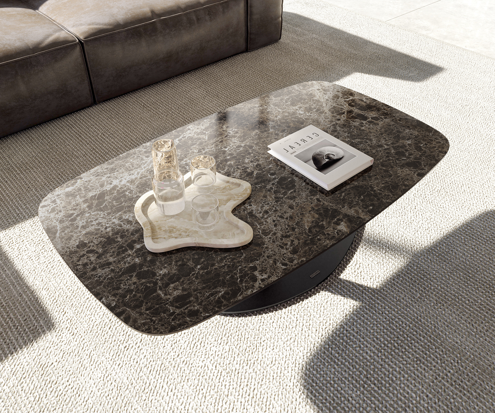 Konferenční stolek Edge oválný tvar 120x70 cm keramika Laminam® Emperador Extra Lucidato tmavě hnědá Vibany kov černá - Obrázek 4