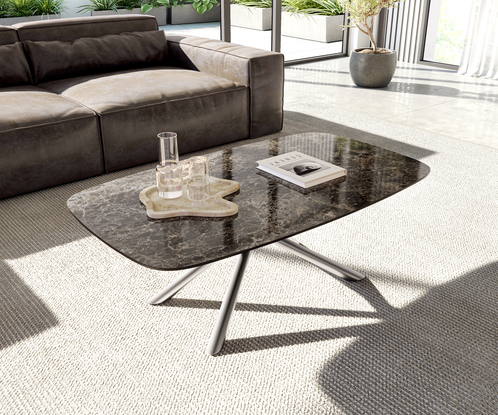 Konferenční stolek Edge Boot 120x70 cm keramika Laminam® Emperador Extra Lucidato tmavě hnědá Sarity nerezová ocel broušená