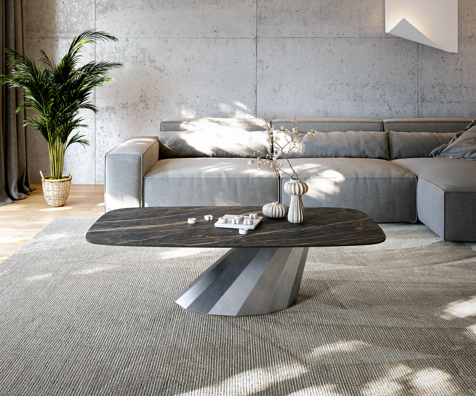 Konferenční stolek Edge Boot 140x80 cm keramika Laminam® Noir Desir hnědá Parabi metalická stříbrná