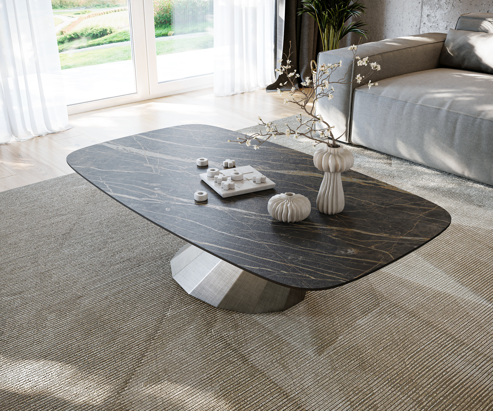 Konferenční stolek Edge Boot 140x80 cm keramika Laminam® Noir Desir hnědá Parabi metalická stříbrná - Obrázek 4