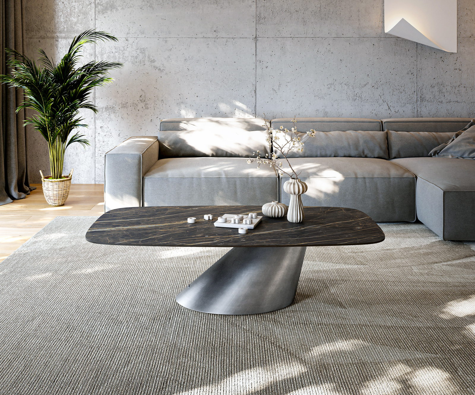 Konferenční stolek Edge Boot 140x80 cm keramika Laminam® Noir Desir hnědá Conis Metallic stříbrná