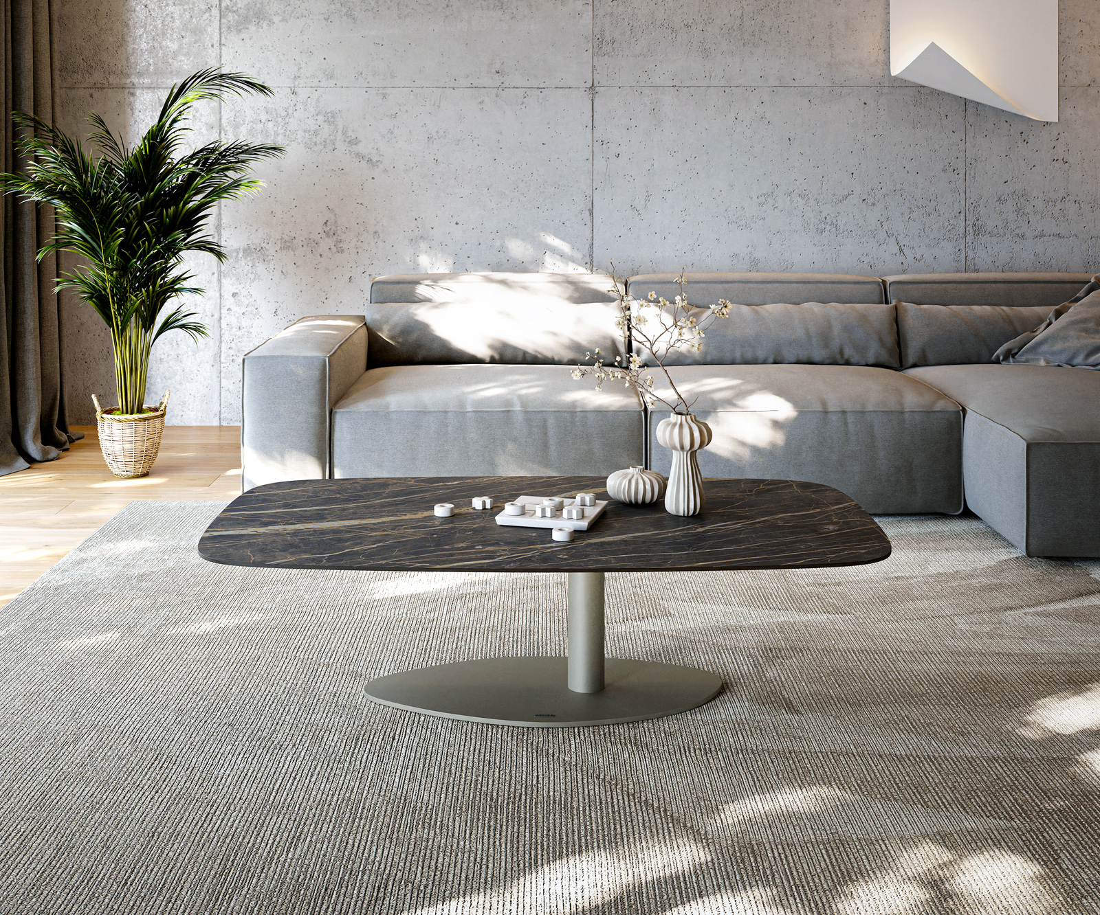 Konferenční stolek Edge Boot 140x80 cm keramika Laminam® Noir Desir hnědá Vibany kov titanová barva