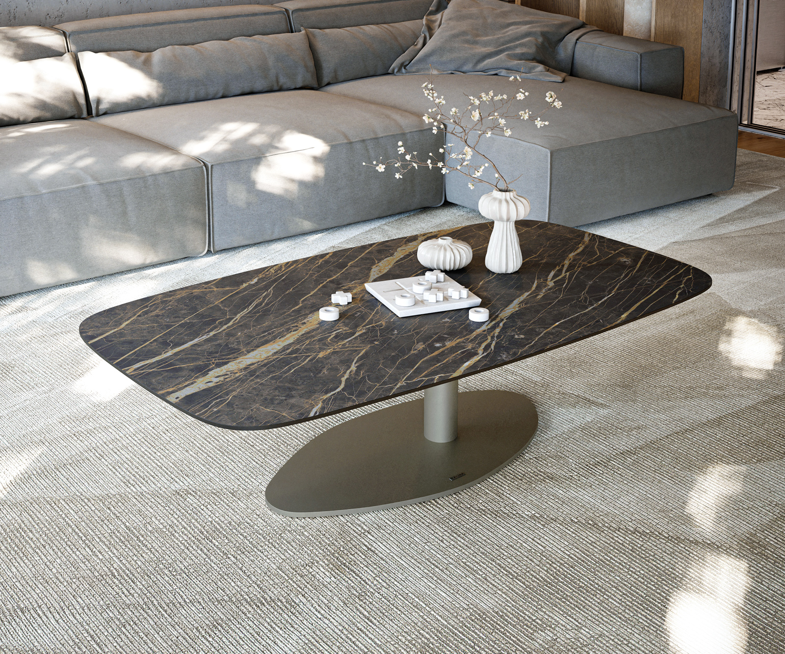 Konferenční stolek Edge Boot 140x80 cm keramika Laminam® Noir Desir hnědá Vibany kov titanová barva - Obrázek 2