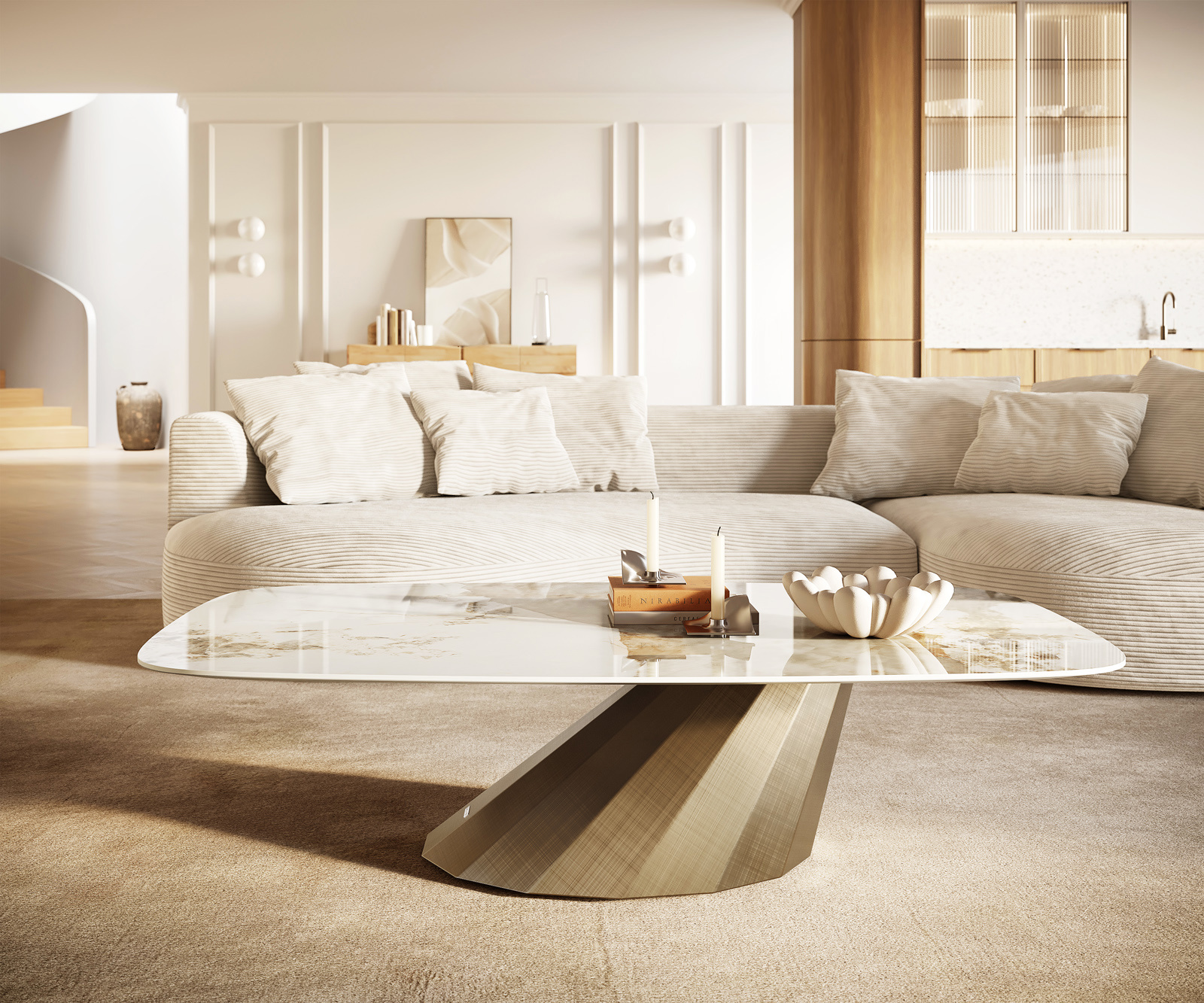 Konferenční stolek Edge Boot 140x80 cm keramika Minas Melange Parabi zlatá metalická - Obrázek 2