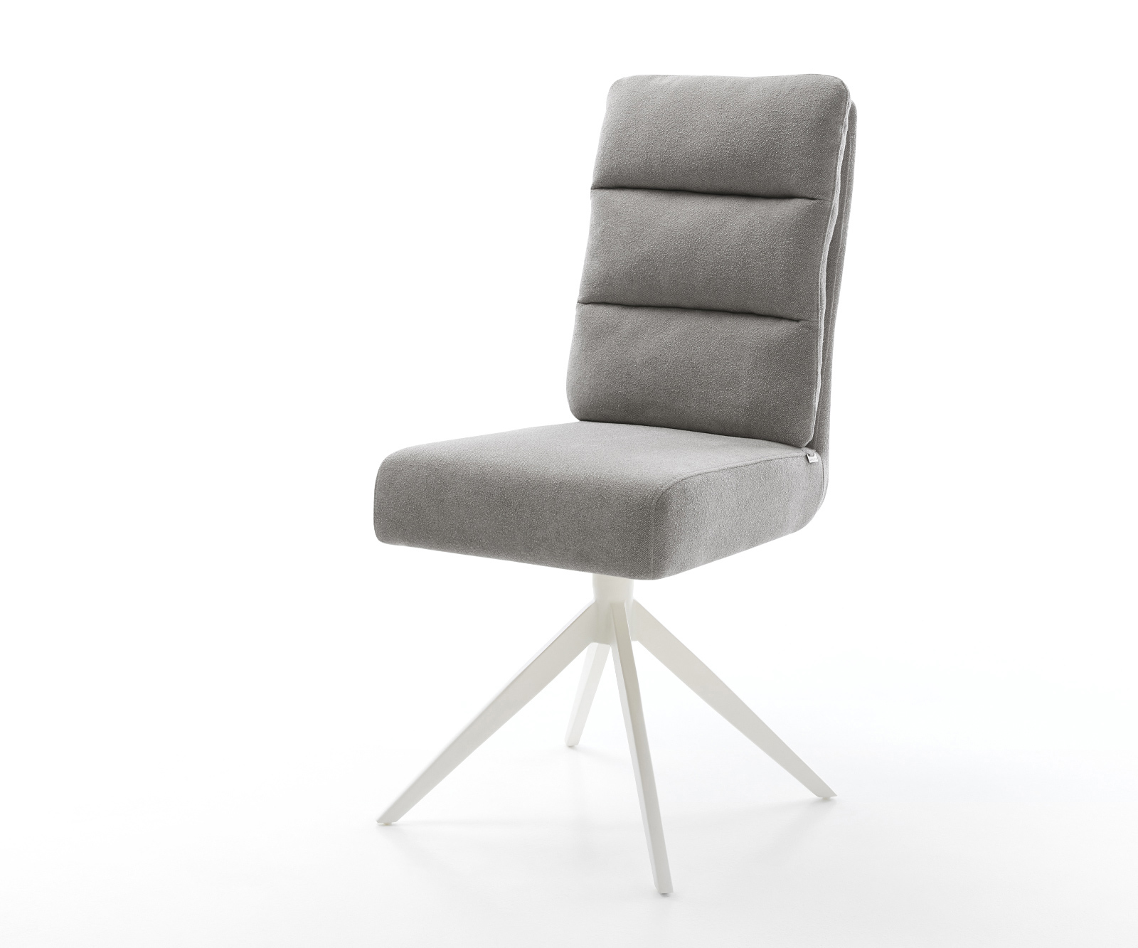 Jídelní židle Pela-Flex potah ze strukturované látky Měkký šedý široká křížová podnož bílá otočný o 360° houpací funkce taštičkové pružiny