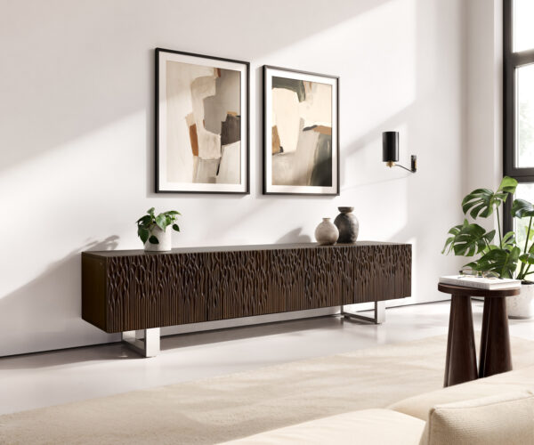 TV stolek Follia 200 cm mango hnědá 4 dvířka podnož nerezová ocel kartáčovaná