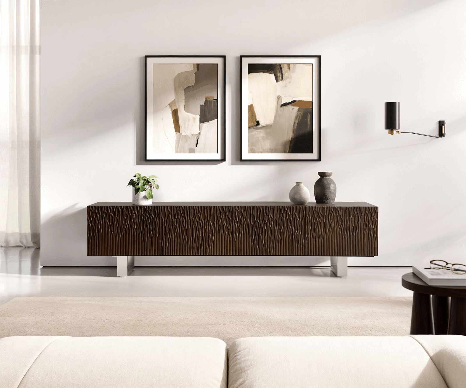 TV stolek Follia 200 cm mango hnědá 4 dvířka podnož nerezová ocel kartáčovaná - Obrázek 2