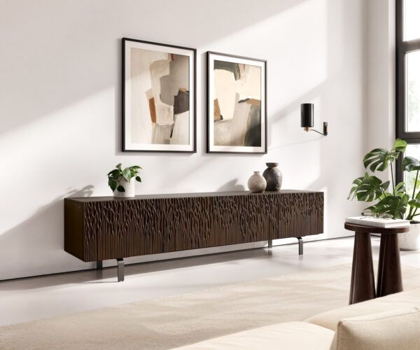 TV stolek Follia 200 cm mango hnědá 4 dvířka podnož ve tvaru L kov černá