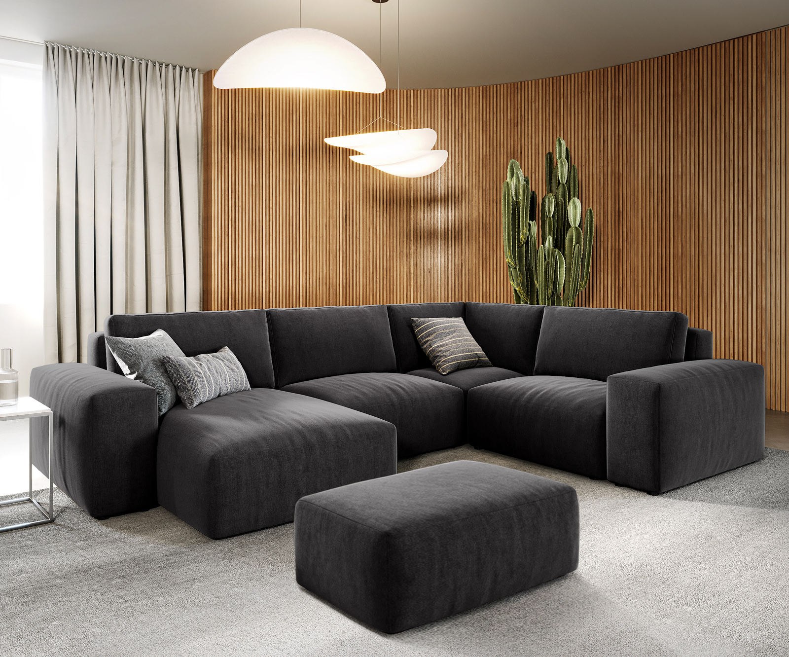 Pohovka ve tvaru "U" Lanzo 300x210 cm mikrovlákno černá lenoška variabilní s taburetem - Obrázek 2