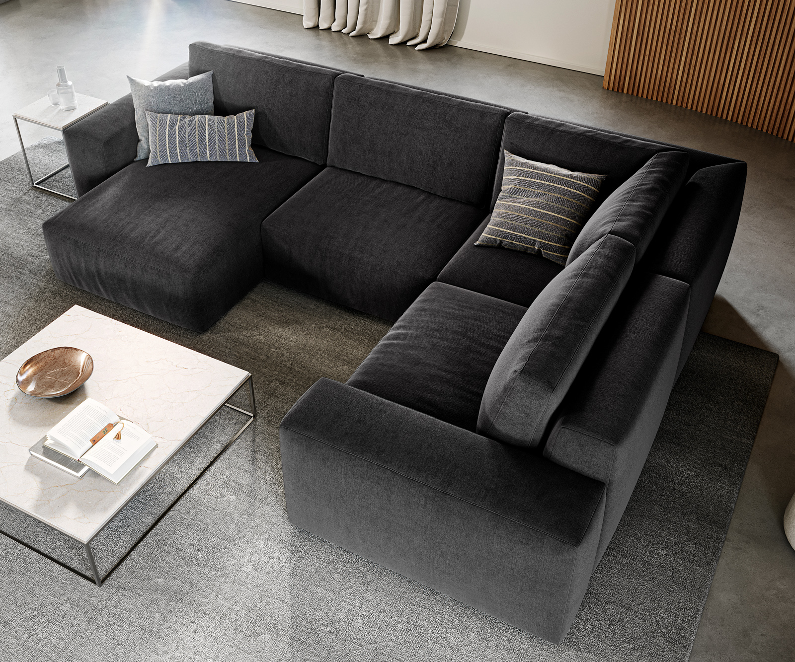 Pohovka ve tvaru "U" Lanzo 300x210 cm mikrovlákno černá lenoška variabilní s taburetem - Obrázek 4