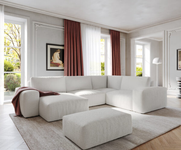 Pohovka ve tvaru "U" Lanzo 300x210 cm bouclé krémová bílá lenoška variabilní s taburetem