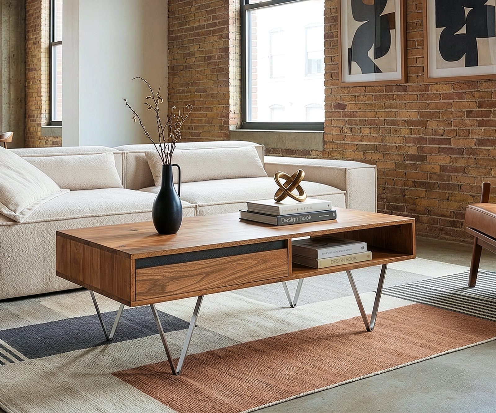 Konferenční stolek Stonegrace 115x60x35 cm akácie přírodní břidlice 2 zásuvky 1 přihrádka