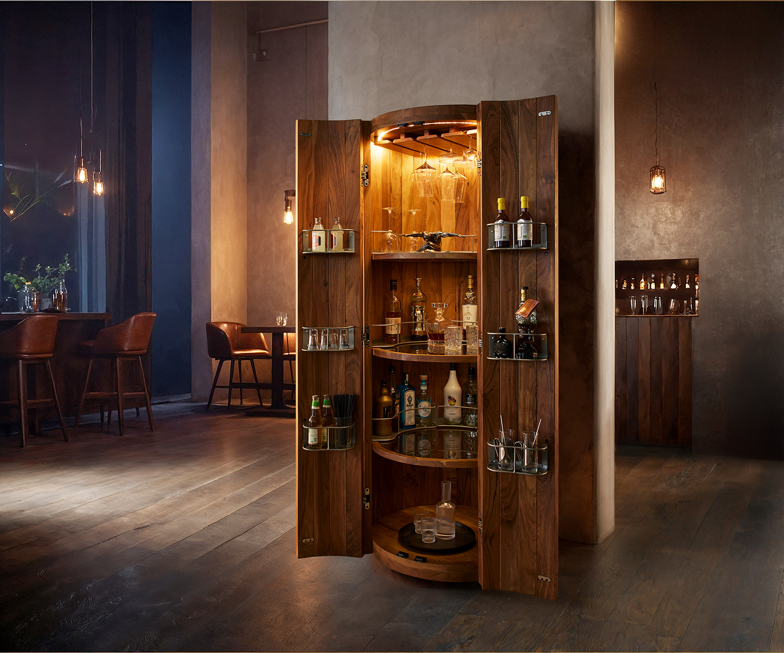 Barová skříň Tulsa 80×190 cm akácie přírodní LED osvětlení vinotéka