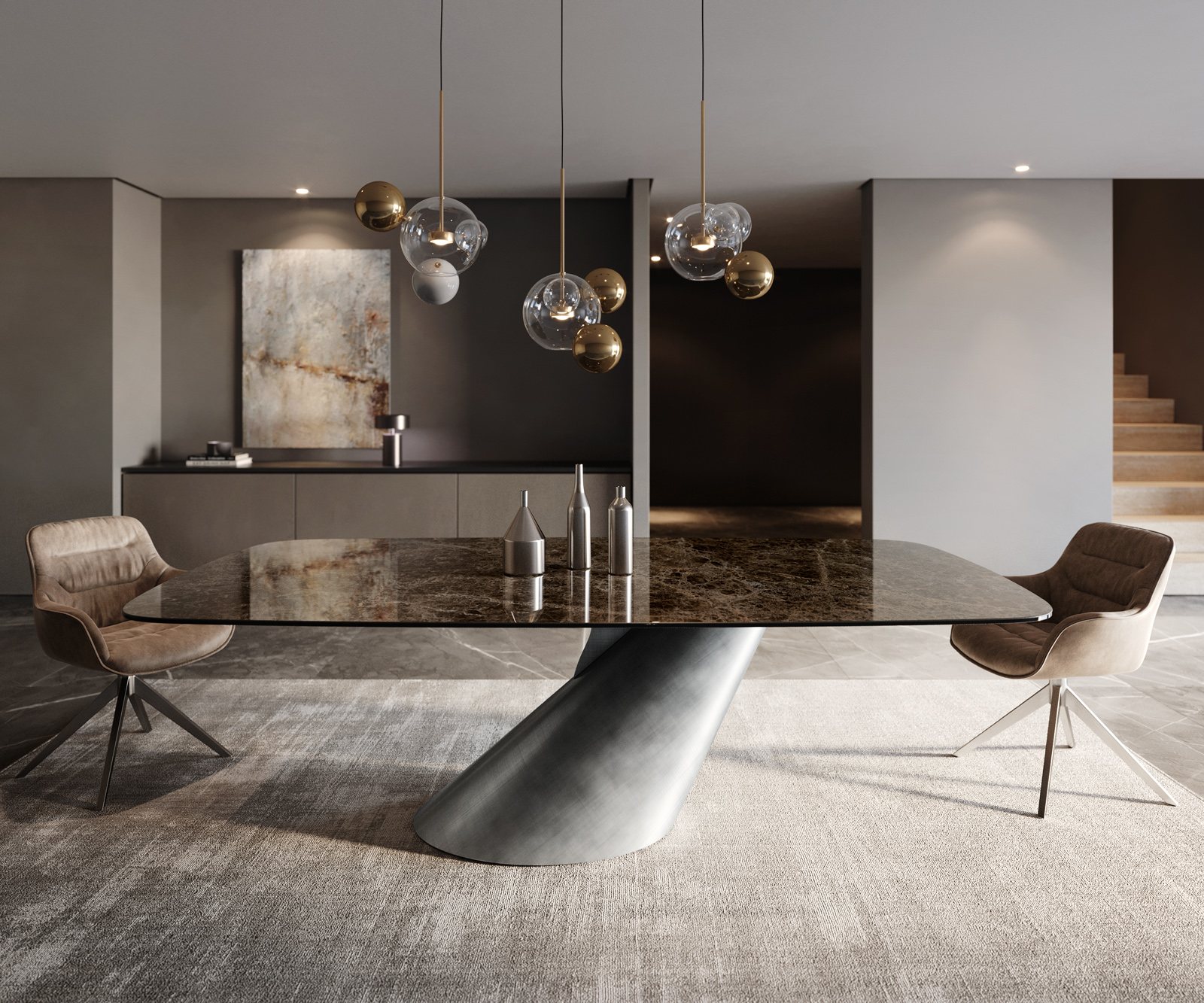 Jídelní stůl Edge Boot 240x120 keramika Laminam® Emperador Extra Lucidato tmavě hnědá kužel kov stříbrná - Obrázek 2